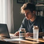 Joven trabajando en un portátil junto a un frasco de creatina y un shaker con agua