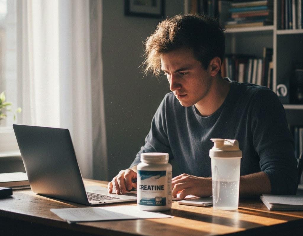 Joven trabajando en un portátil junto a un frasco de creatina y un shaker con agua