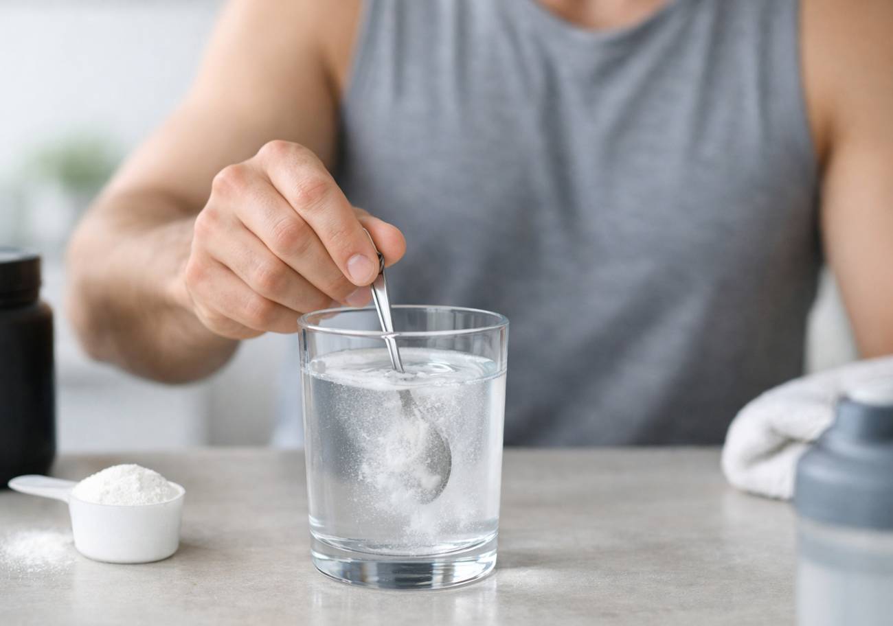 Atleta preparando creatina en agua, ilustrando qué es la creatina y para qué sirve en la nutrición deportiva